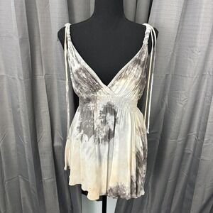 VTG Y2K Hot Kiss Babydoll  Smocked Tank Top Womens L Gray Beige Tie Dye Fairy